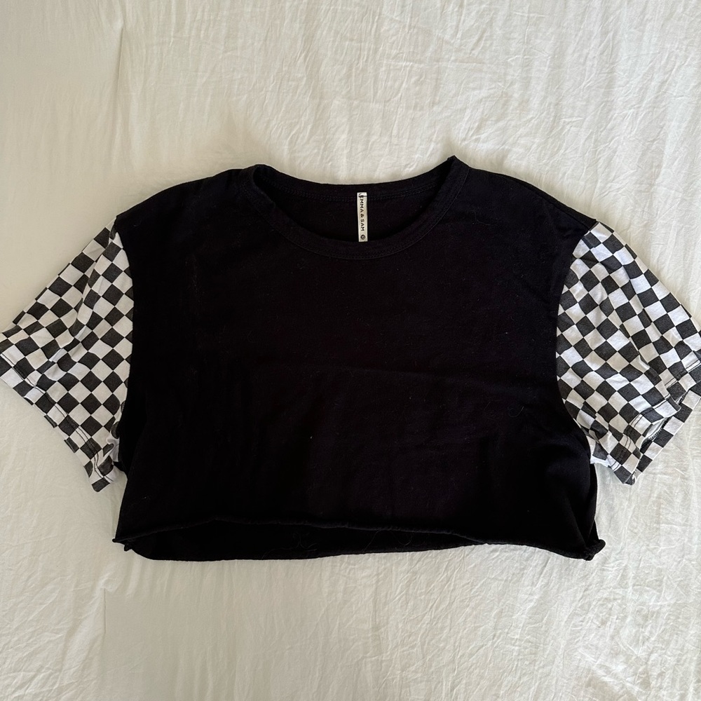 Black crop top with checkered sleeves